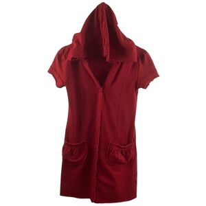 Linq Red Silk Frayed Trim Button Front Hooded Short Sleeves Jacket Sz M